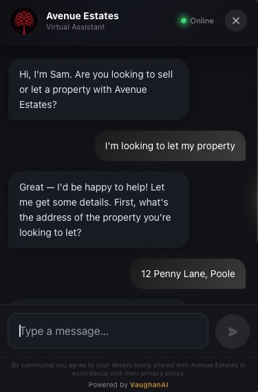 VaughanAI live on Avenue Estates website